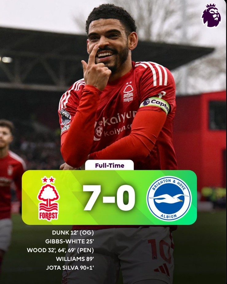  7球大勝布萊頓！諾丁漢森林創(chuàng)隊史英超最大比分勝利