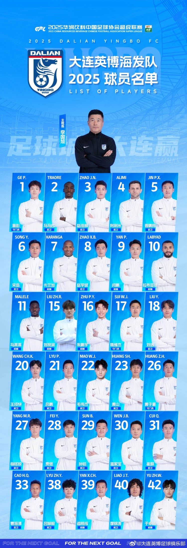  大連英博一線隊(duì)名單：10號(hào)拉布亞德領(lǐng)銜五外援，共30名球員入選