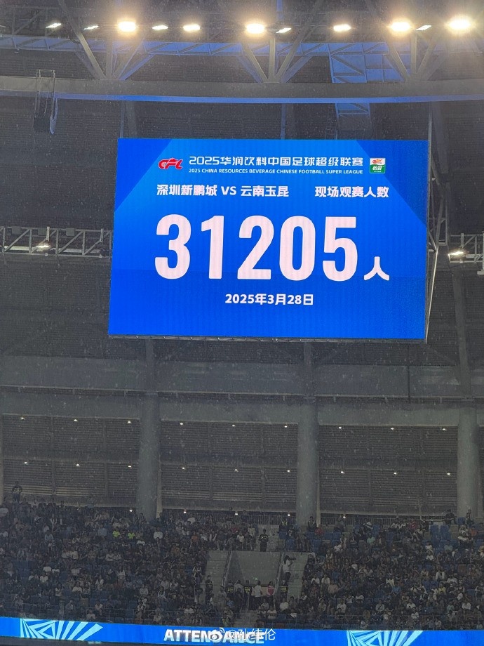  新鵬城新賽季首個(gè)主場現(xiàn)場觀眾31205人，為隊(duì)史最高上座人數(shù)